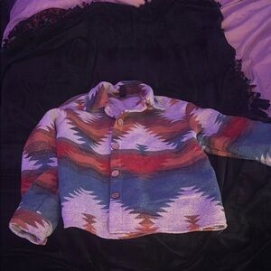 Blue and Red Utility Jacket with Geometric Pattern